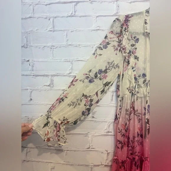 Anthropologie Ombre Pink & Cream Floral Chiffon Dress – Size 2 - Picture 4 of 8